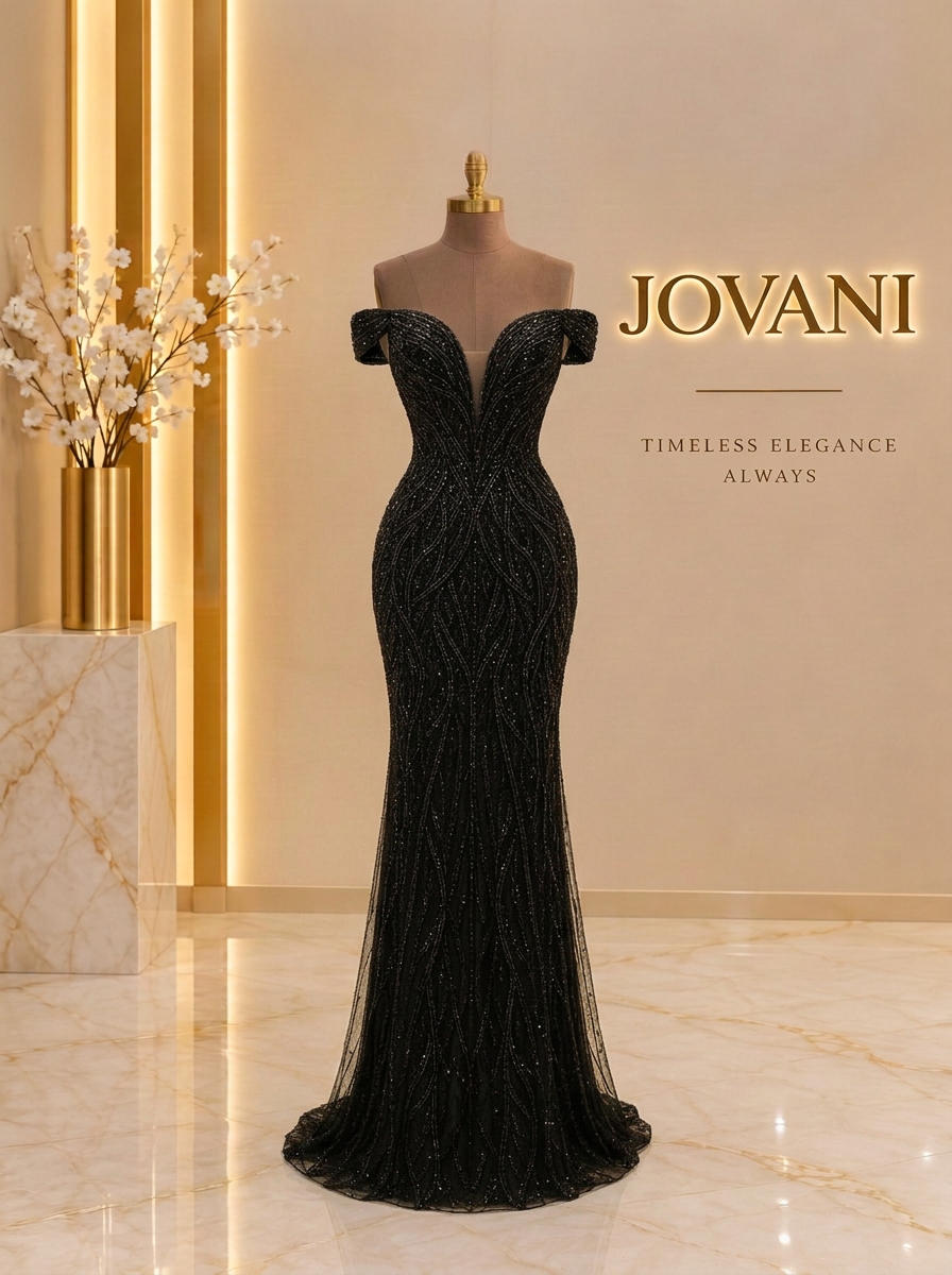 Black Beaded Shoulder Gown