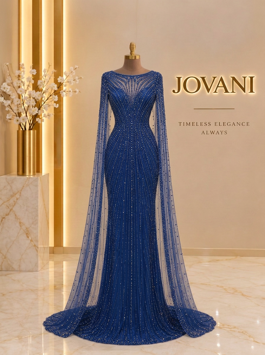 Blue Beaded Cape Gown