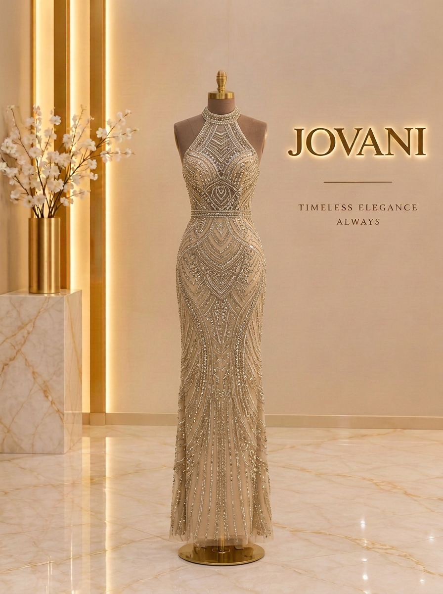 Champagne Beaded Halter Gown