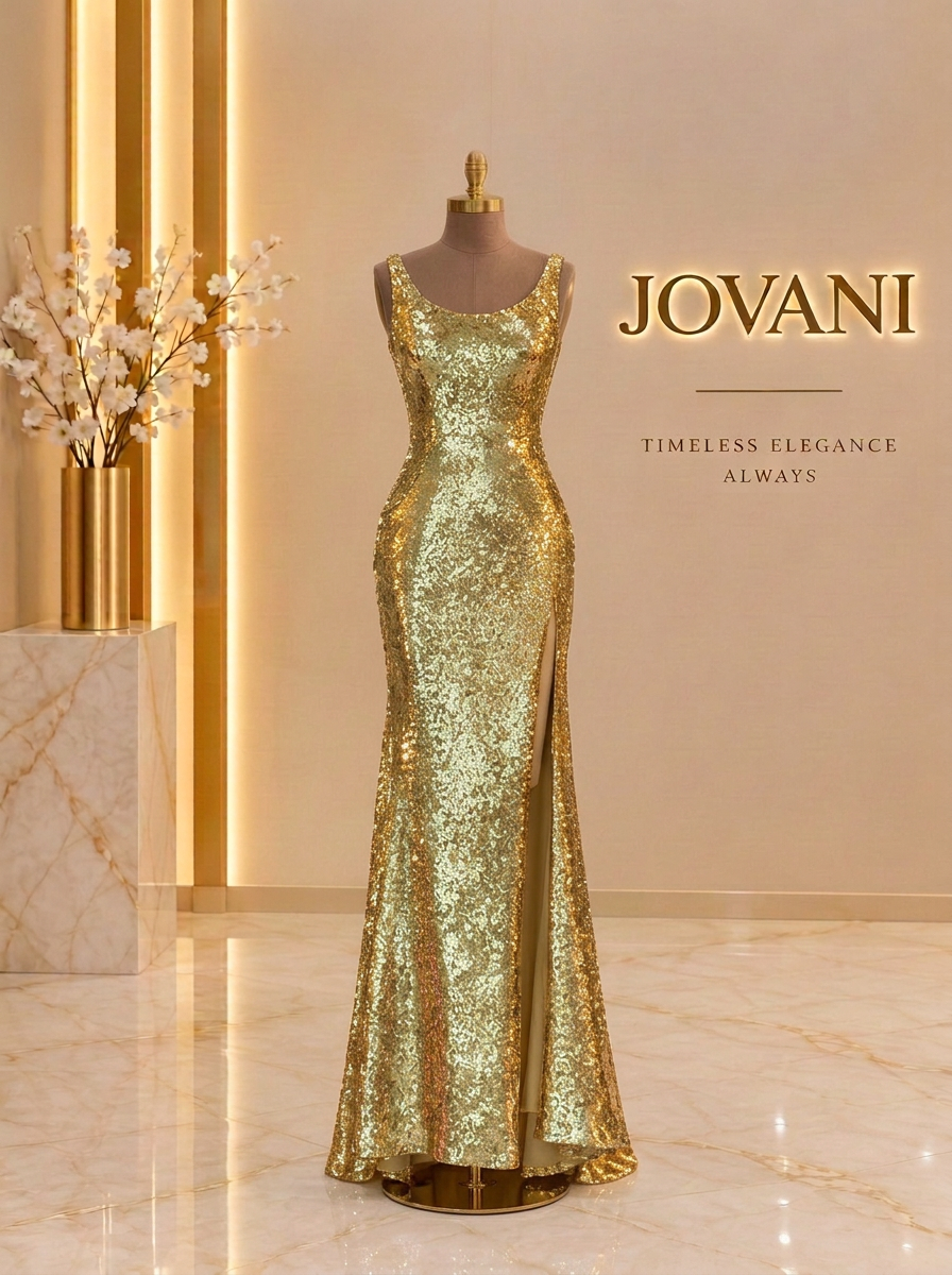 Gold Sequin Slit Gown