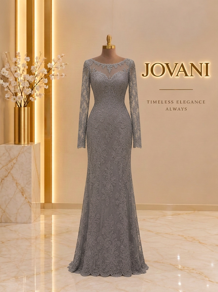 Grey Lace Long-Sleeve Gown