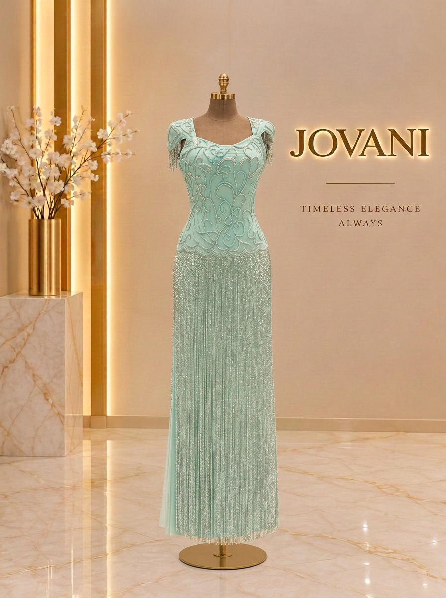 Mint Beaded Fringe Gown
