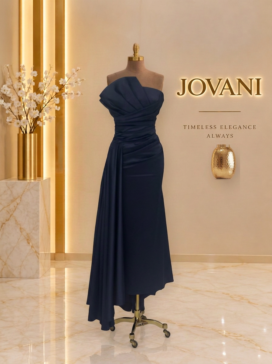 Navy Draped Satin Gown