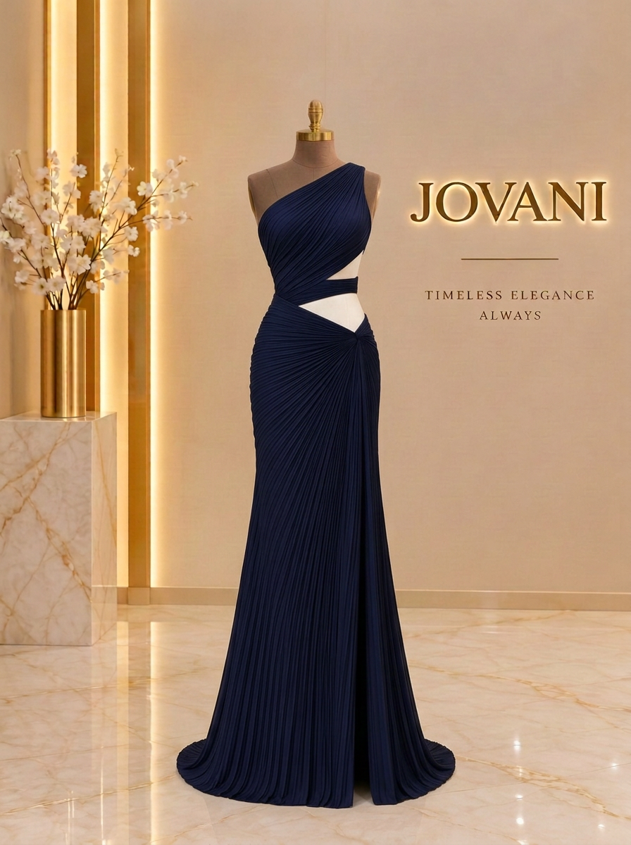Navy Pleated Cutout Gown
