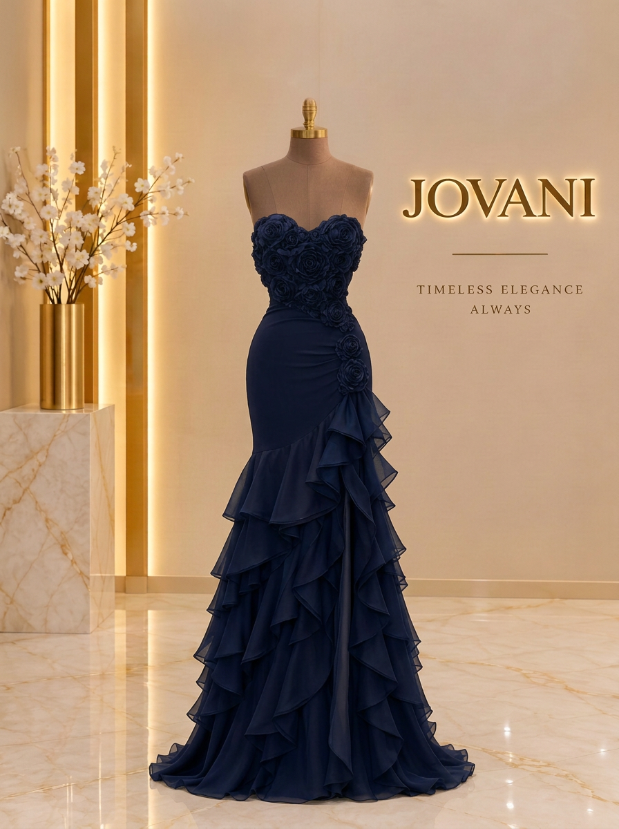 Navy Rosette Ruffle Gown