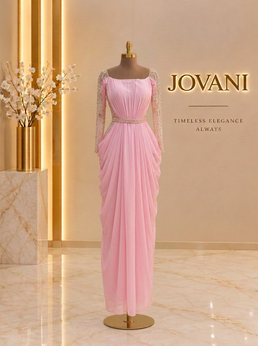 Pink Draped Beaded-Sleeve Gown