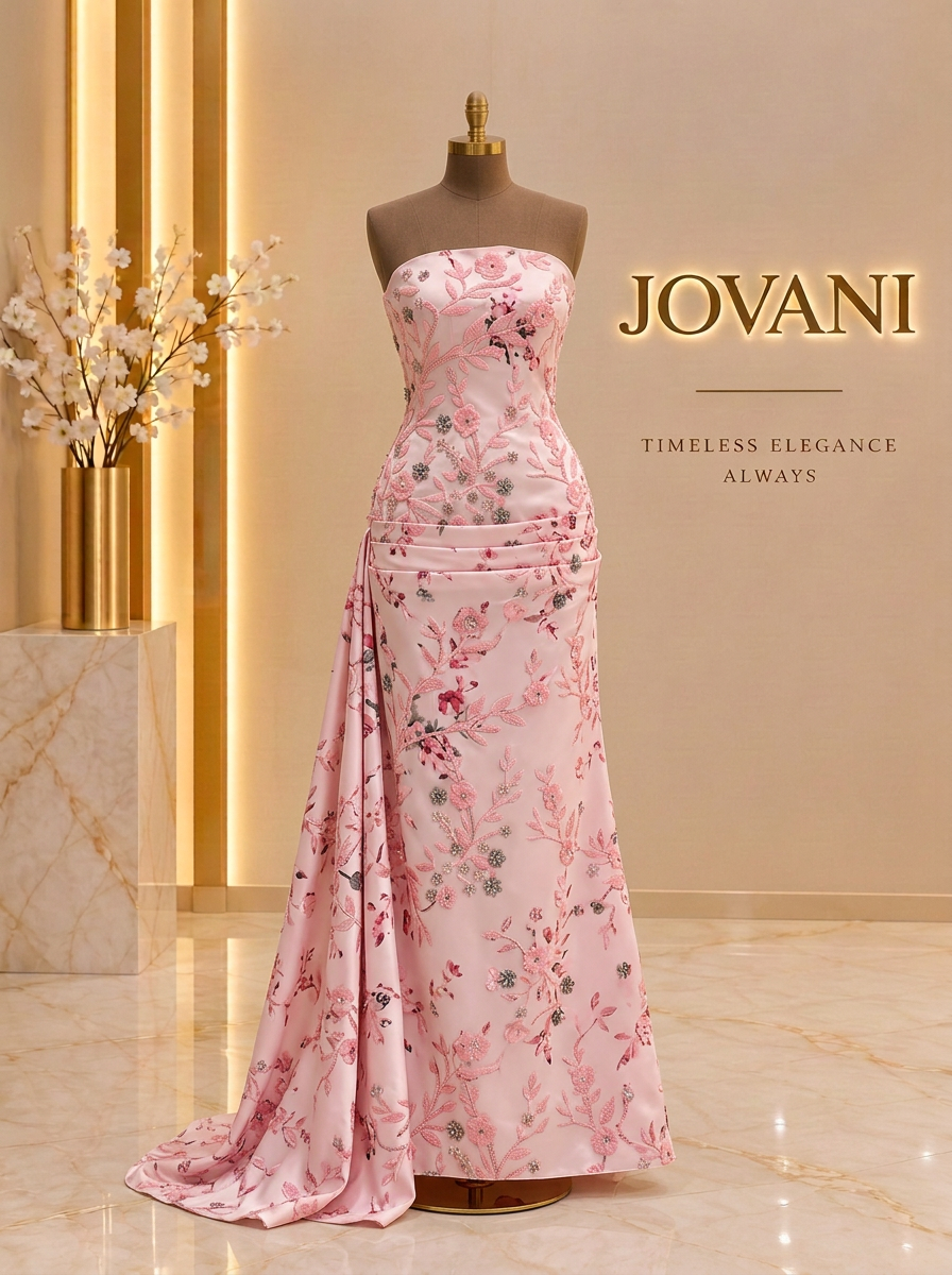 Pink Floral Strapless Gown
