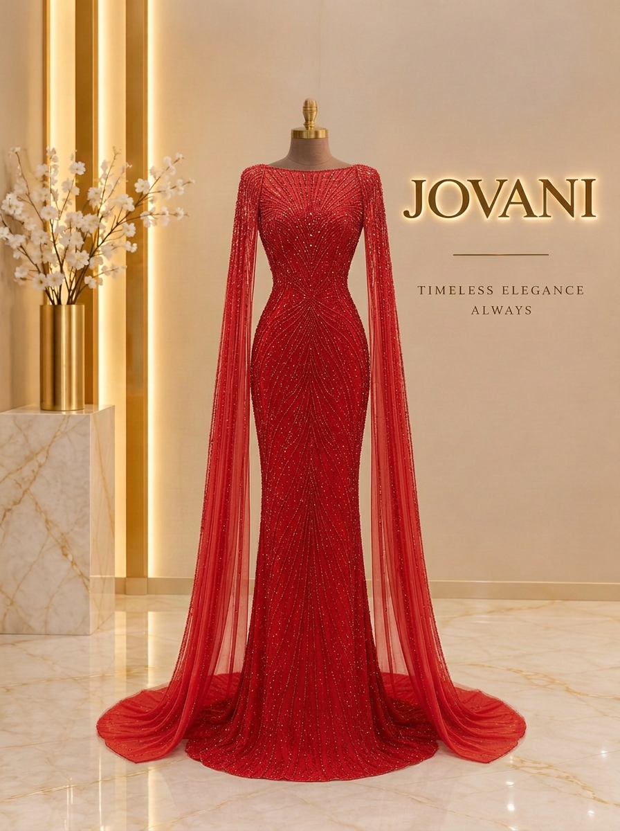 Red Cape Beaded Gown