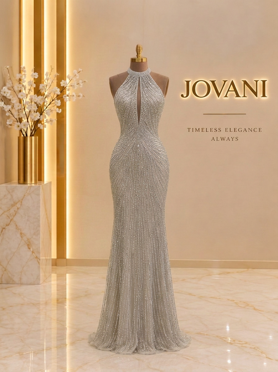 Silver Beaded Halter Gown